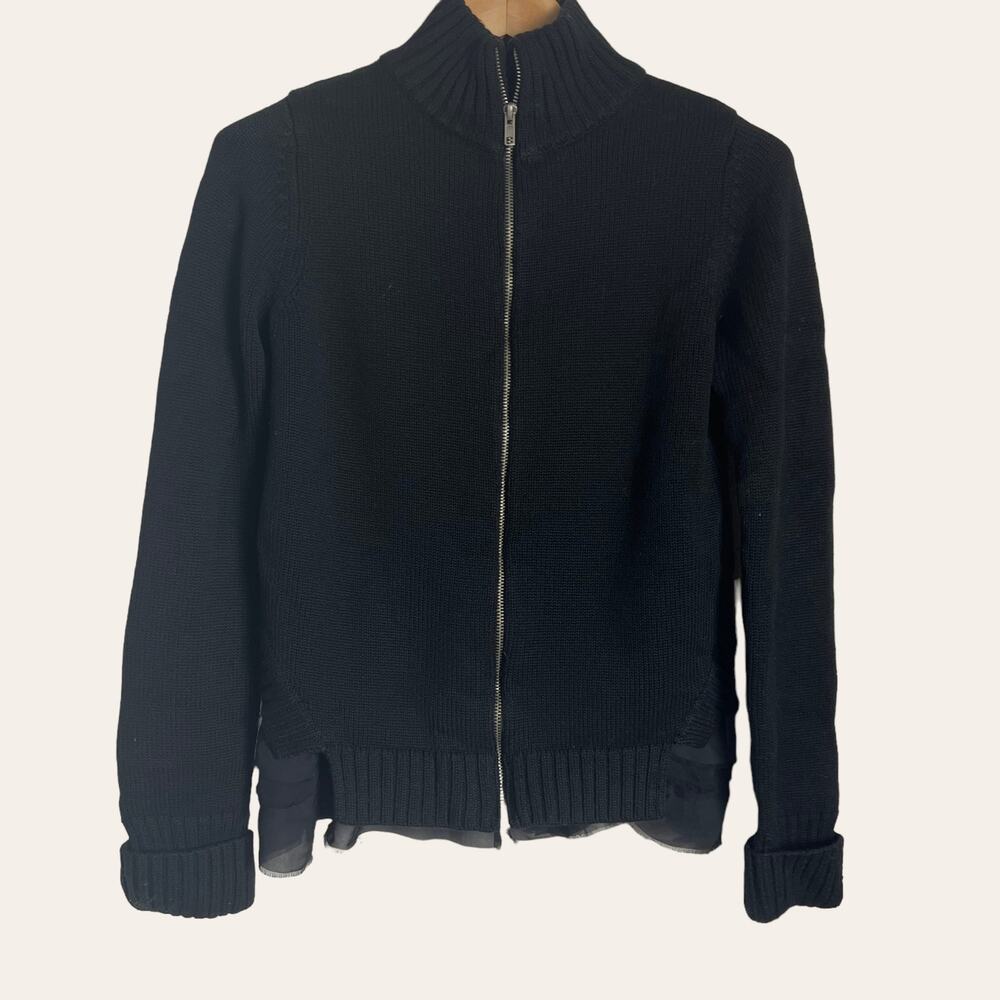 A.L.C Black Wool Ribbed Full Zip Mockneck Silk Sweater Jacket Size M